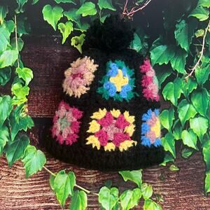 Wild Fable Fleece Lined Crochet Granny Square Beanie Adult OS Floral Pom Hat